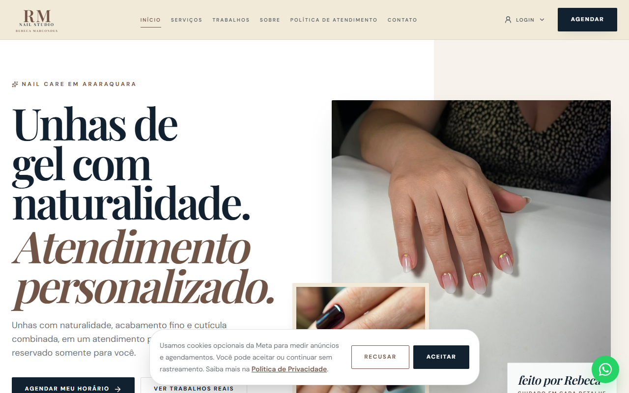 Página inicial do Nail Studio Rebeca Marcondes, com apresentação do atendimento e botão de agendamento